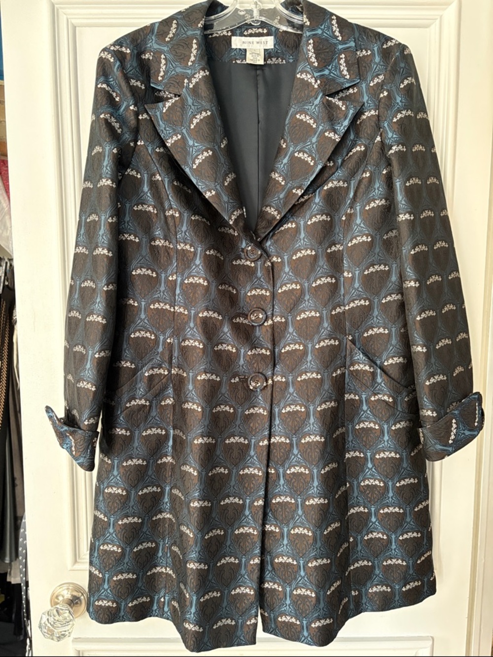 Nine West Black and Blue Brocade Jacket/Coat Size L